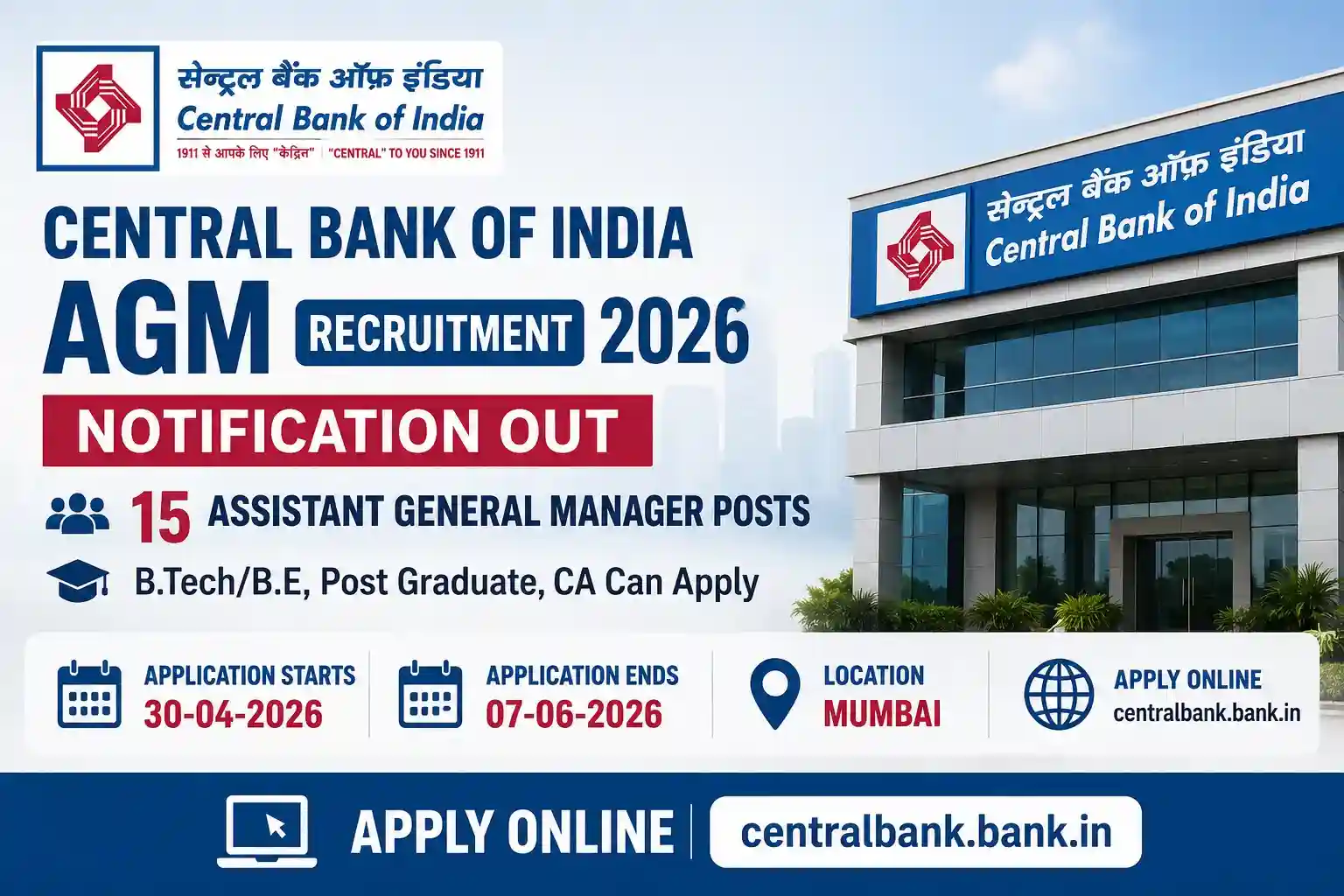 Central Bank of India AGM Recruitment 2026