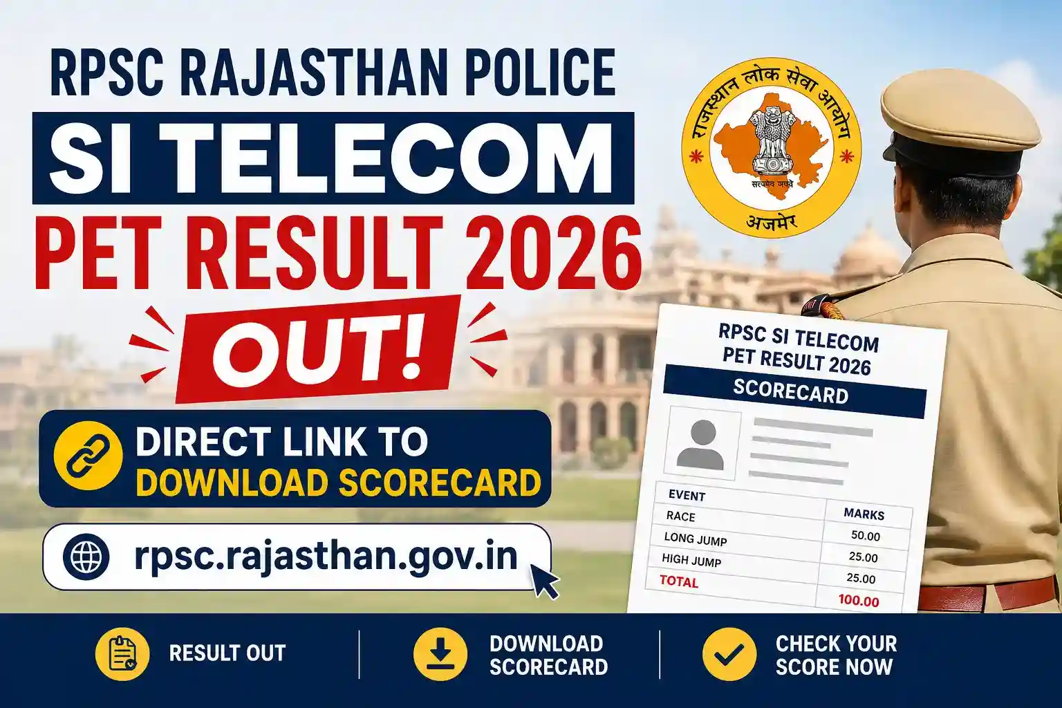 RPSC Rajasthan Police SI Telecom PET Result 2026