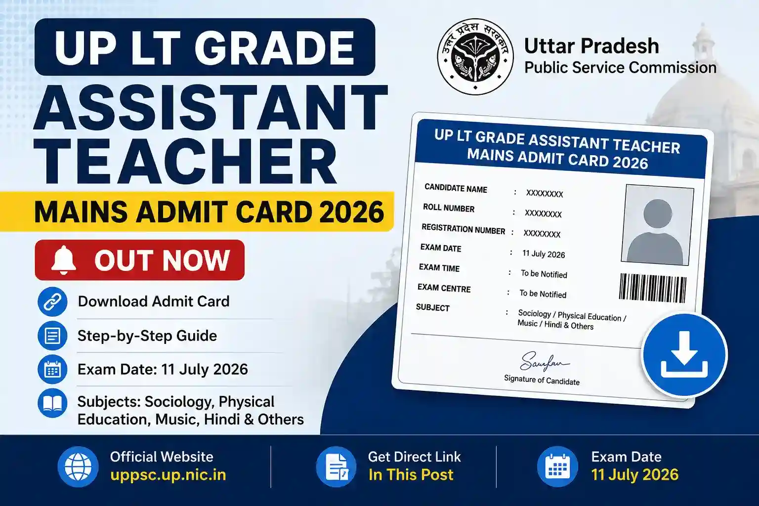 UP LT Grade Assistant Teacher Mains Admit Card 2026