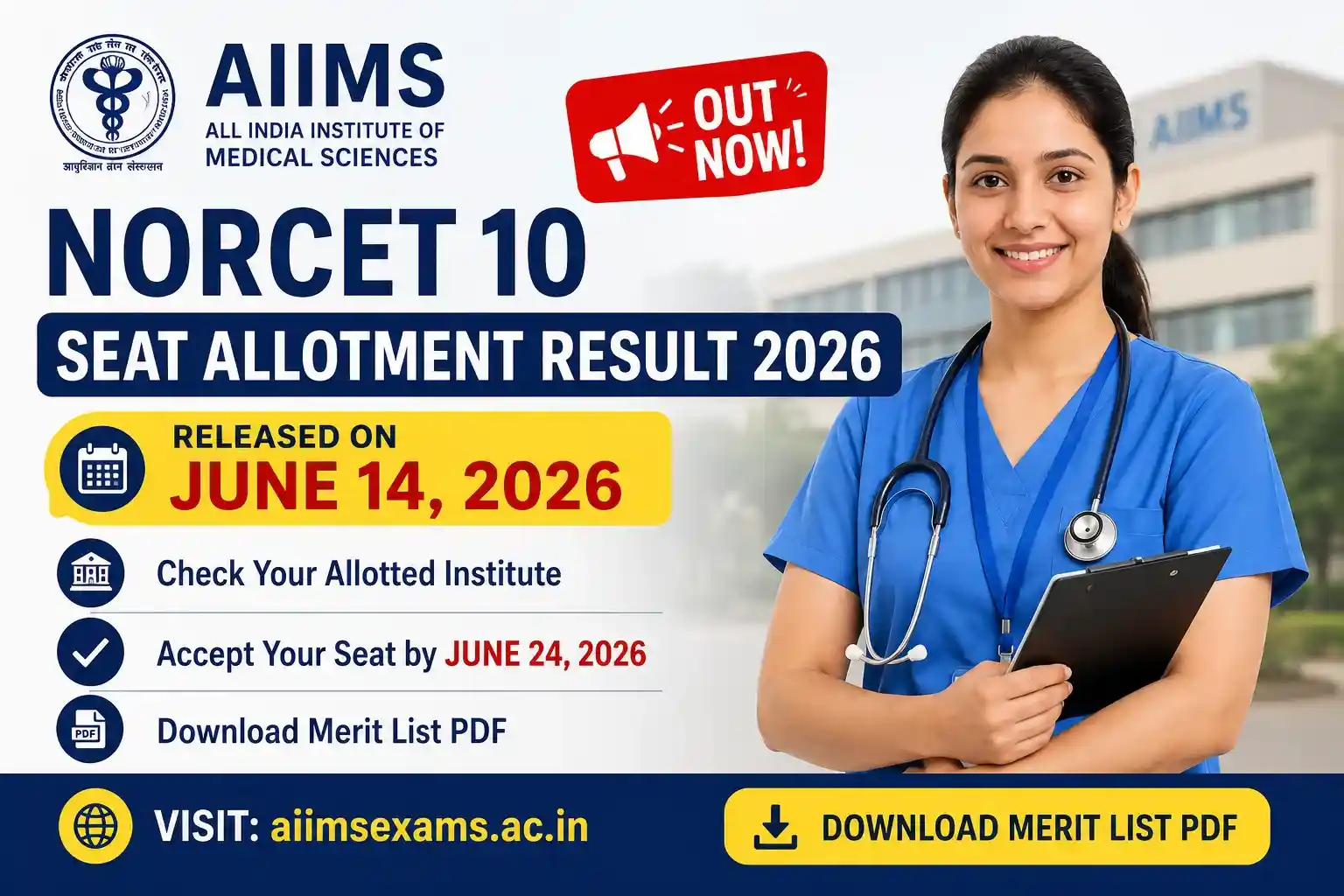 AIIMS NORCET 10 Seat Allotment Result 2026