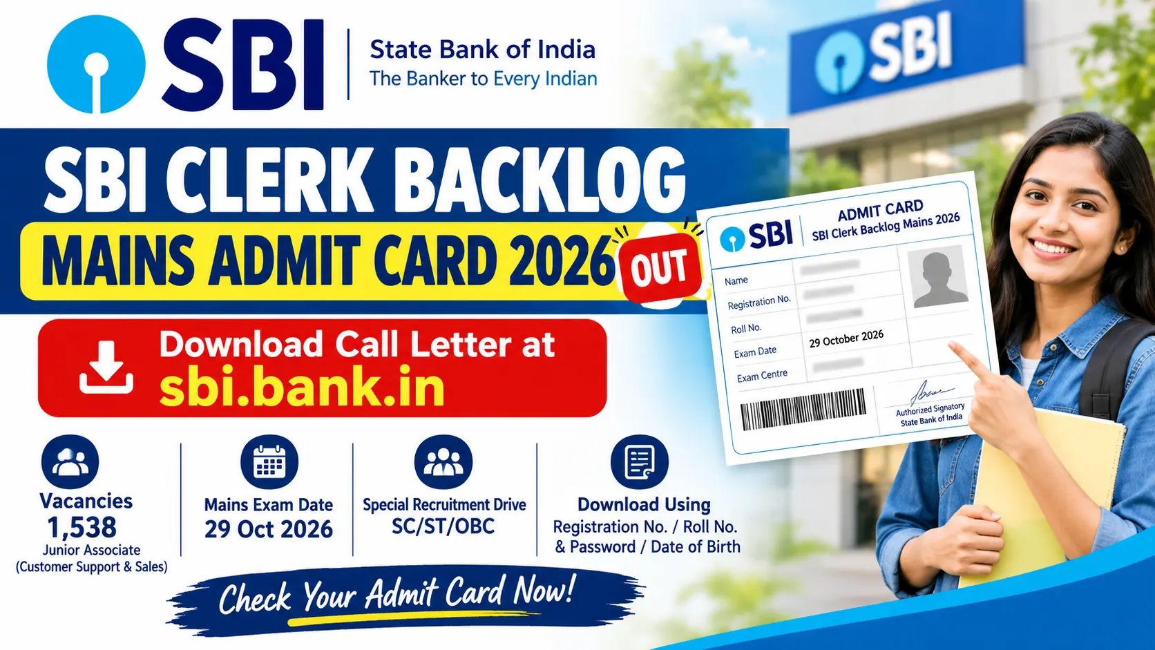 SBI Clerk Backlog Mains Admit Card 2026